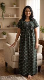 Traditional Cotton Nighty, 55 Inches Length - Green - Image 2