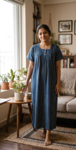 Front Open Cotton Nighty With Buttons, 55 Inches - Dark Blue - Image 2