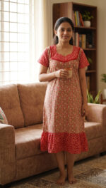 Short And Trendy Cotton Nighty - Cream + Red - Image 2