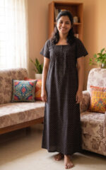 Front Open Cotton Nighty With Buttons, 55 Inches - Black - Image 2