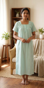 Front Open Cotton Nighty With Buttons, 55 Inches - Green + White Lines - Image 2