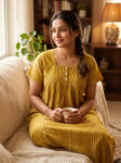 Front Open Cotton Nighty With Buttons, 55 Inches - Yellow