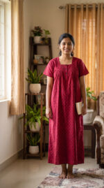 Front Open Cotton Nighty With Buttons, 55 Inches - Dark Rose - Image 2