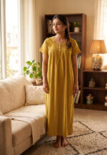 Front Open Cotton Nighty With Buttons, 55 Inches - Yellow - Image 2