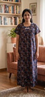 Traditional Cotton Nighty, 55 Inches Length - Dark Blue - Image 2