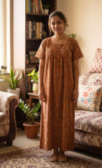 Front Open Cotton Nighty With Buttons, 55 Inches - Orange - Image 2