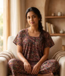 Front Open Kalamkari Cotton Nighty With Buttons, 55 Inches - Maroon