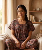 Front Open Kalamkari Cotton Nighty With Buttons, 55 Inches - Maroon