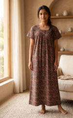 Front Open Kalamkari Cotton Nighty With Buttons, 55 Inches - Maroon - Image 2