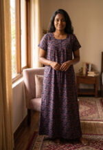 Front Open Cotton Nighty With Buttons, 55 Inches - Purple Shade - Image 2