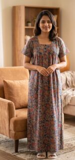 Front Open Kalamkari Cotton Nighty With Buttons, 55 Inches - Blue - Image 2