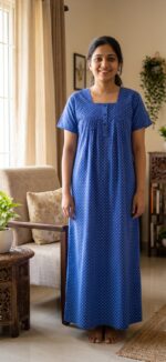 Front Open Cotton Nighty With Buttons, 55 Inches - Blue - Image 2