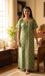 Front Open Cotton Nighty With Buttons, 57 Inches - Green - Image 2