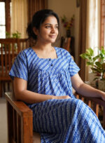 Front Open Cotton Nighty With Buttons, 55 Inches - Blue