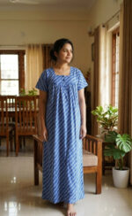 Front Open Cotton Nighty With Buttons, 55 Inches - Blue - Image 2