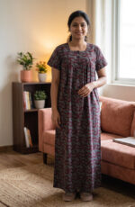 Front Open Cotton Nighty With Buttons, 55 Inches - Maroon Shade - Image 2