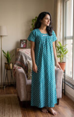 Traditional Cotton Nighty, 55 Inches Length - Green - Image 2