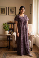 Front Open Cotton Nighty With Buttons, 55 Inches - Brown Shade - Image 2
