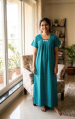 Traditional Cotton Nighty, 55 Inches Length - Green - Image 2