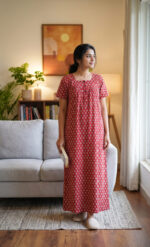 Front Open Ajrakh Cotton Nighty With Buttons, 55 Inches - Red - Image 2