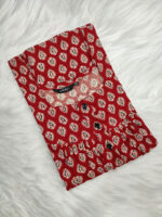 Front Open Ajrakh Cotton Nighty With Buttons, 55 Inches - Red - Image 3