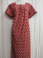 Front Open Ajrakh Cotton Nighty With Buttons, 55 Inches - Red - Image 4