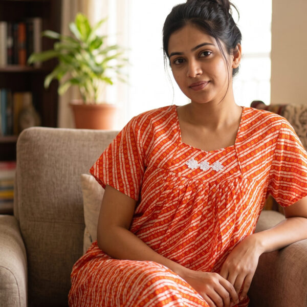 Traditional Cotton Nighty, 55 Inches Length - Orange