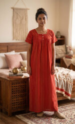 Front Open Cotton Nighty With Buttons, 55 Inches - Red - Image 2