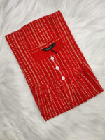 Front Open Cotton Nighty With Buttons, 55 Inches - Red - Image 3