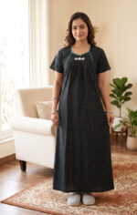 Traditional Cotton Nighty, 55 Inches Length - Black - Image 2