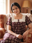 Front Open Ajrakh Cotton Nighty With Buttons, Hacoba Yoke, 55 Inches - Maroon