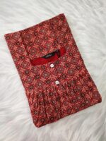 Front Open Ajrakh Cotton Nighty With Buttons, 55 Inches - Red - Image 3