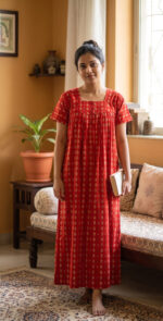 Front Open Cotton Nighty With Buttons, 55 Inches - Red - Image 2