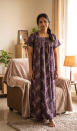 Front Open Cotton Nighty With Buttons, 55 Inches - Purple Shade - Image 2