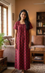 Front Open Cotton Nighty With Buttons, 55 Inches - Magenta - Image 2