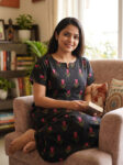 Comfortable Full Frock Cotton Nighty, 55 Inches - Black + Pink Blossom