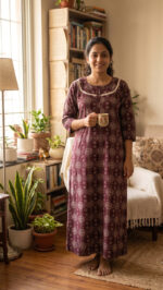 Churidar Model Ajrakh Cotton Nighty With Buttons, 55 Inches - Maroon - Image 2
