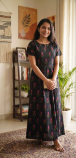 Comfortable Full Frock Cotton Nighty, 55 Inches - Black + Pink Blossom - Image 2