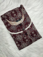 Churidar Model Ajrakh Cotton Nighty With Buttons, 55 Inches - Maroon - Image 3
