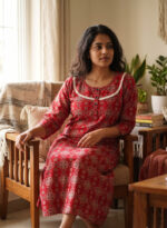 Churidar Model Ajrakh Cotton Nighty With Buttons, 55 Inches - Red