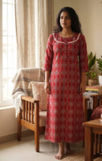 Churidar Model Ajrakh Cotton Nighty With Buttons, 55 Inches - Red - Image 2