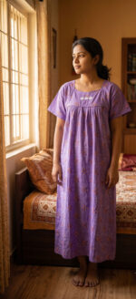 Traditional Cotton Nighty, 57 Inches Length - Violet - Image 2