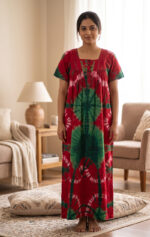 Front Open Cotton Nighty With Buttons, 55 Inches - Magenta + Green - Image 2