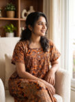 Front Open Cotton Nighty With Buttons, 55 Inches - Orange