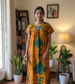 Traditional Chungidi Cotton Nighty, 55 Inches Length - Yellow + Green - Image 2