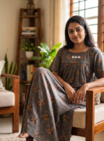 Traditional Cotton Nighty, 57 Inches Length - Ash