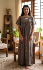 Traditional Cotton Nighty, 57 Inches Length - Ash - Image 2