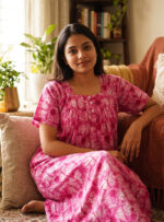 Front Open Cotton Nighty With Buttons, 55 Inches - Rose