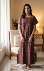 Front Open Ajrakh Cotton Nighty With Buttons, 55 Inches - Maroon - Image 2