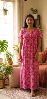 Front Open Cotton Nighty With Buttons, 55 Inches - Rose - Image 2